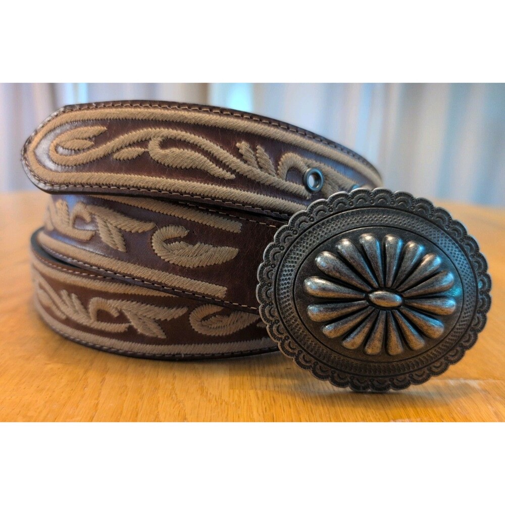 Eddie Bauer Leather Western Belt with Embroidery and Concho Silver Buckle XL 47"